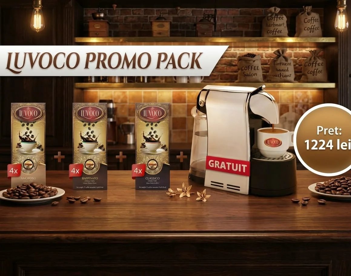 Pachetul Luvoco Promo Pack: douăsprezece cutii de capsule și aparatul de cafea